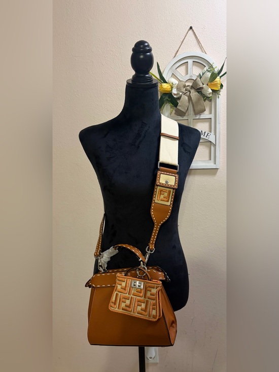 Fashion Bag Handbags - Fashion Tan Leather Peekaboo Crossbody With Cream Mono Canvas Guitar Strap